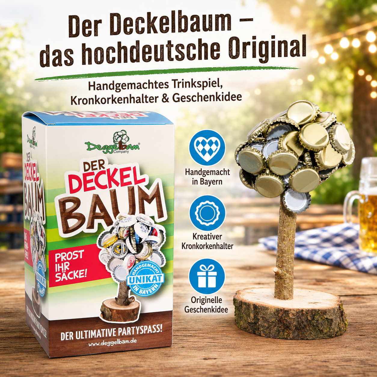 Der Deckelbaum – Kronkorkenhalter & Trinkspiel aus echtem Holz