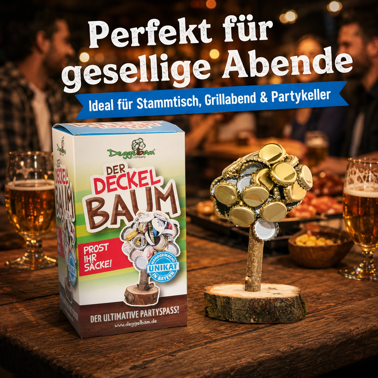Der Deckelbaum – Kronkorkenhalter & Trinkspiel aus echtem Holz
