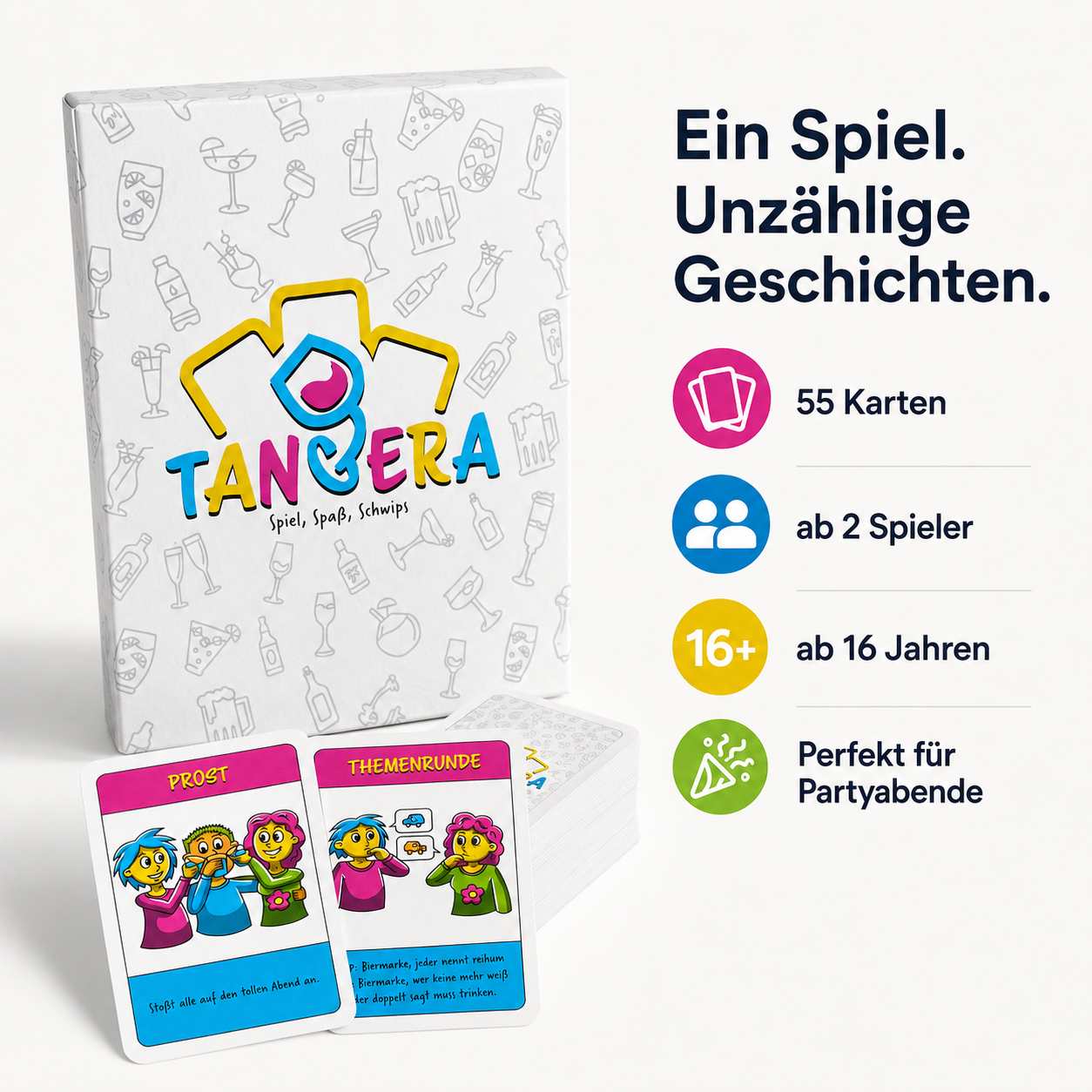 TANGERA® – Partyspiel für Erwachsene | Trinkspiel & Kartenspiel für Spieleabende, Geburtstage, JGA & Festivals
