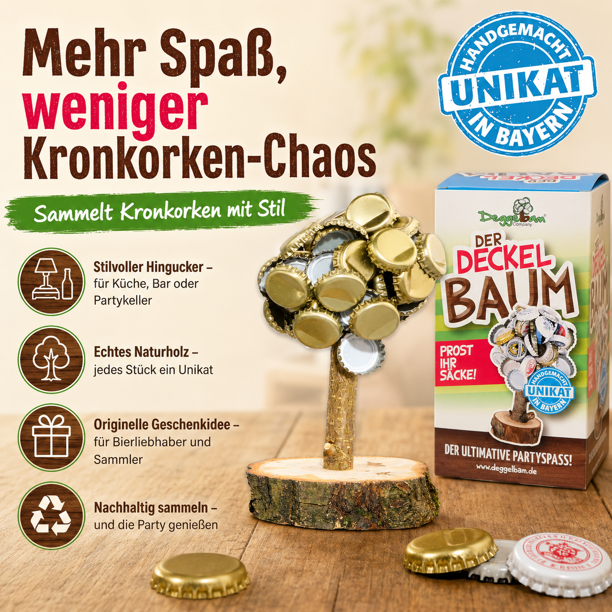 Der Deckelbaum – Kronkorkenhalter & Trinkspiel aus echtem Holz